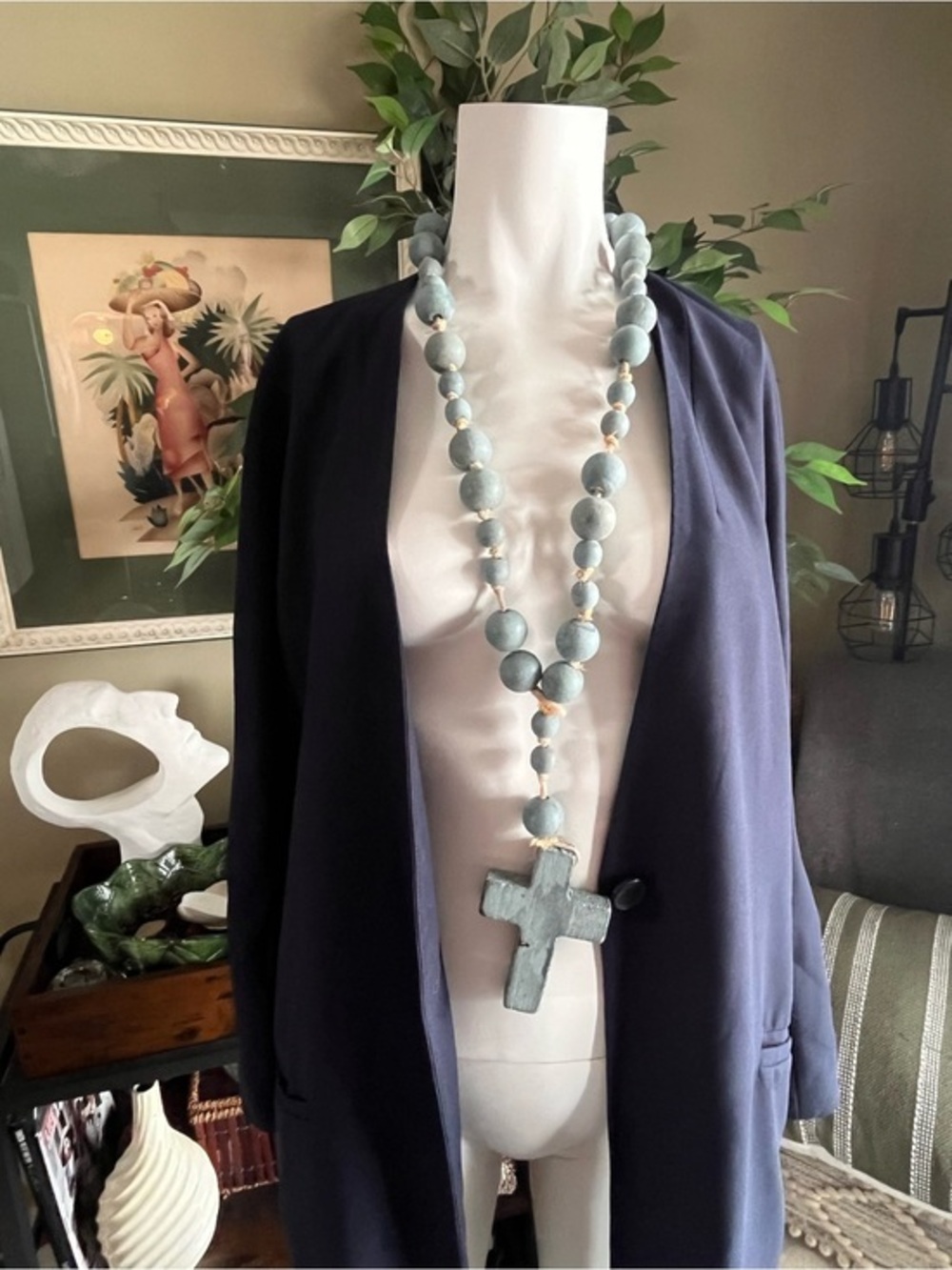 Handmade Wooden Blue Beaded Cross Necklace